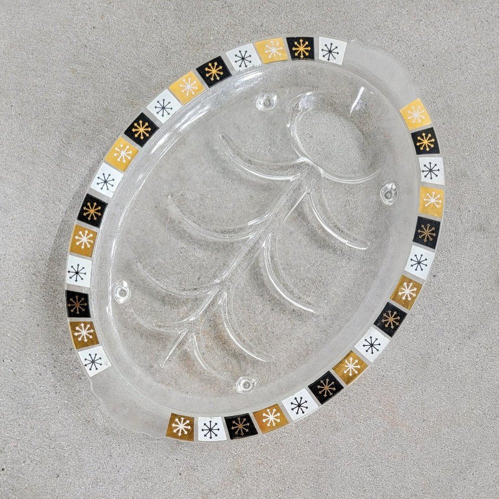 1960s Atomic Starburst Snowflake Inland Glass Footed Serving Platter